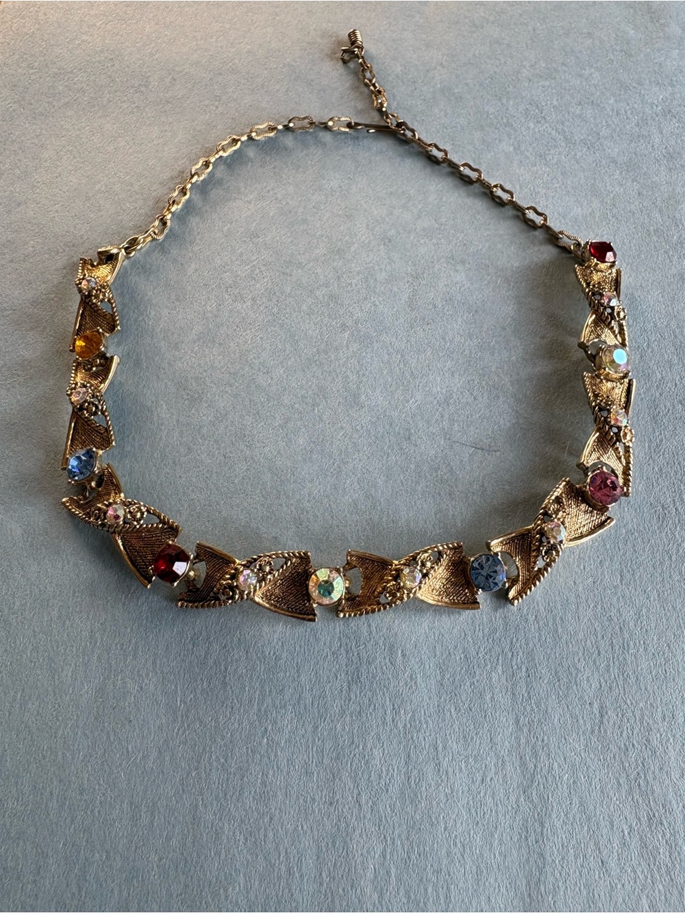 Vintage 1950s/1960s Gold Tone Choker with bows and colorful rhinestones or glass